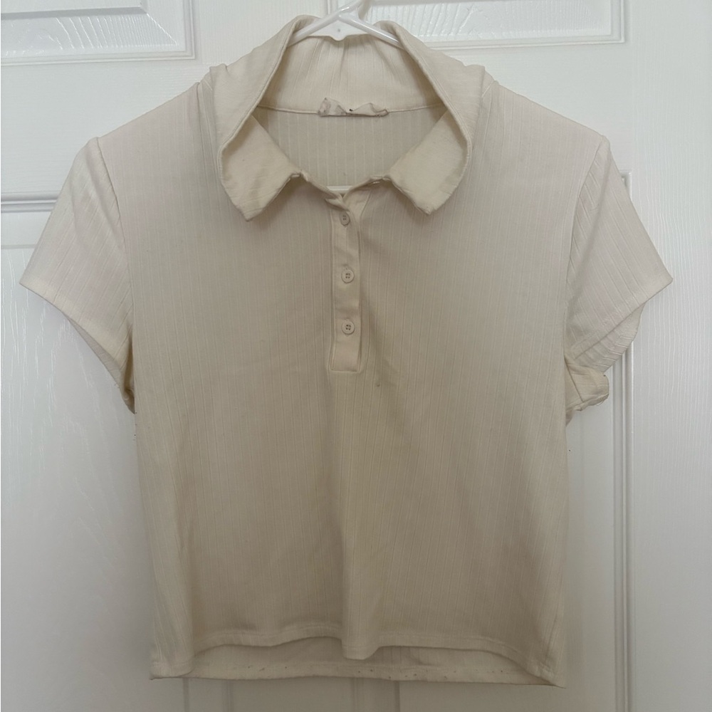 Elodie White Ribbed Button Down Crop Polo Shirt